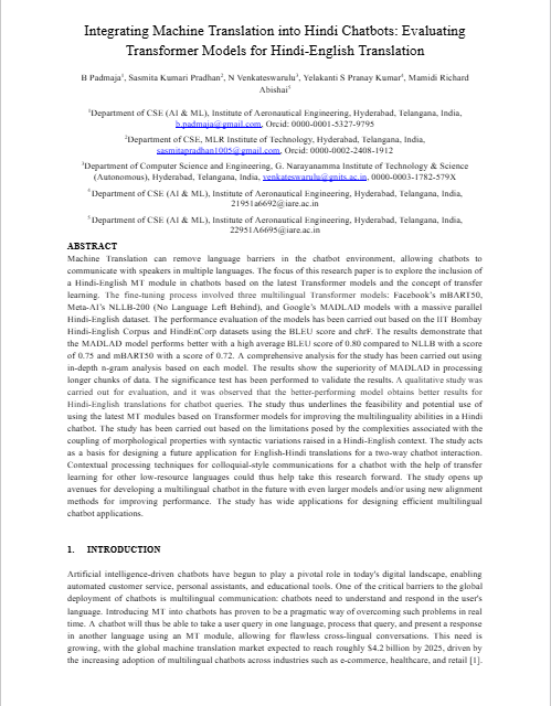 Integrating Machine Translation into Hindi Chatbots: Evaluating Transformer Models for Hindi-English Translation